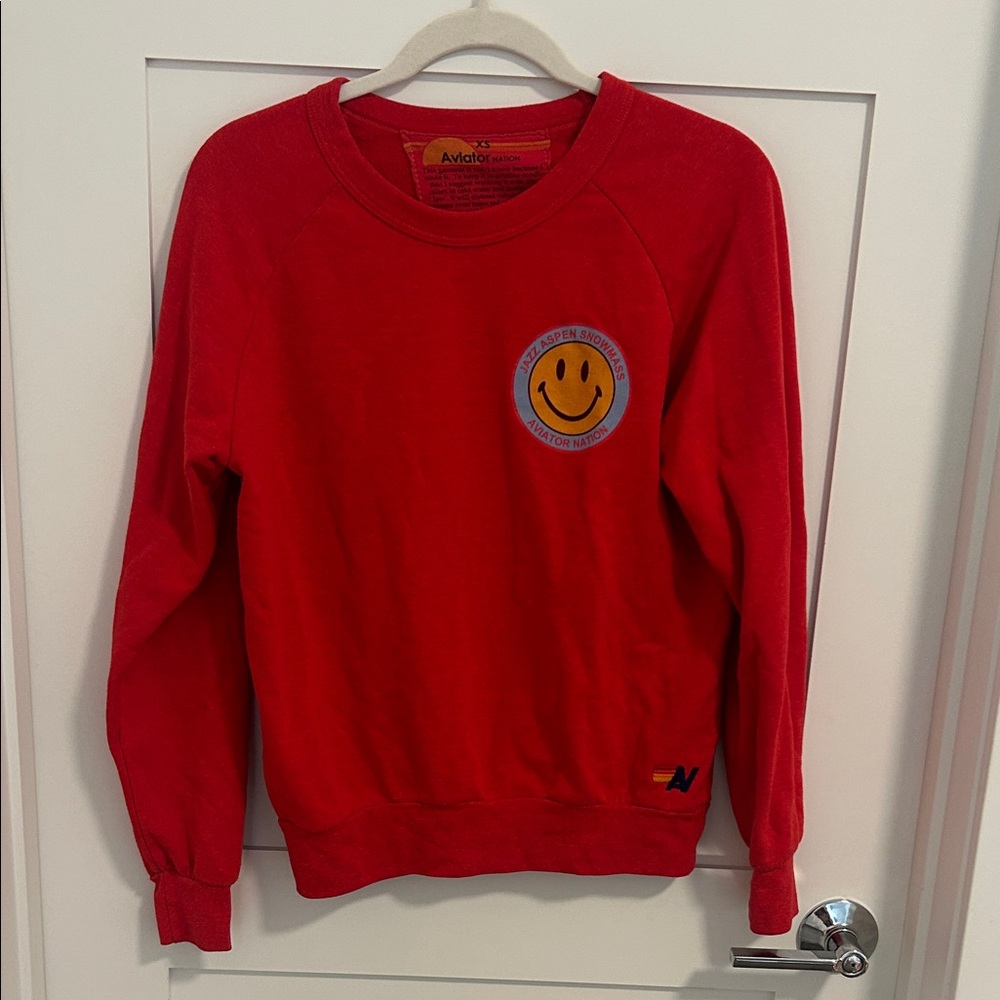 Aviator Nation Red Jazz Aspen Snowmass Smiley Face Sweater